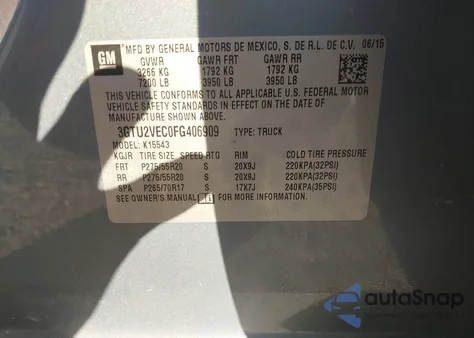 2015 GMC Sierra 1500 Slt from USA, damaged, VIN 3GTU2VEC0FG406909